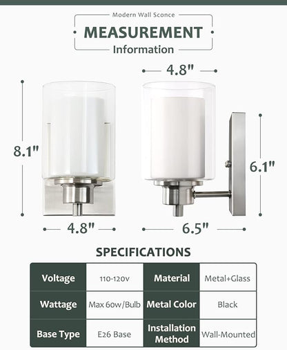 2 Pack Bath Vanity Light Fixtures 1-Light, Indoor Brushed Nickel Wall Light with Dual Glass Shade, Modern Bathroom Wall Scone Lighting, Vintage E26 Base Wall Mount Lamp for Bedroom