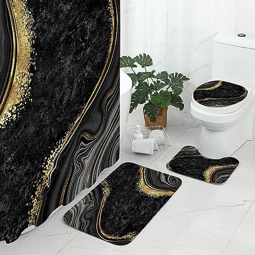 Gibelle 4 Pcs Luxury Marble Shower Curtain Set with Non-Slip Rugs, Toilet Lid Cover and Bath Mat, Black Gold Bathroom Decor Set with Shower Curtain and Rugs and Accessories