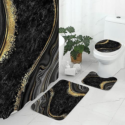 Gibelle 4 Pcs Luxury Marble Shower Curtain Set with Non-Slip Rugs, Toilet Lid Cover and Bath Mat, Black Gold Bathroom Decor Set with Shower Curtain and Rugs and Accessories