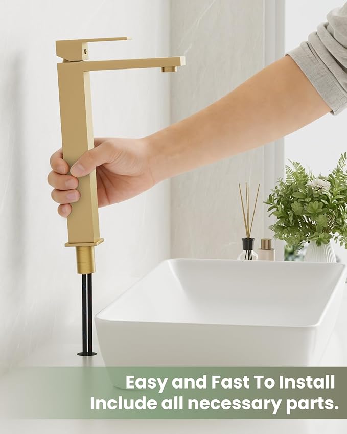 Gold faucet being held above a white sink with text about installation ease.