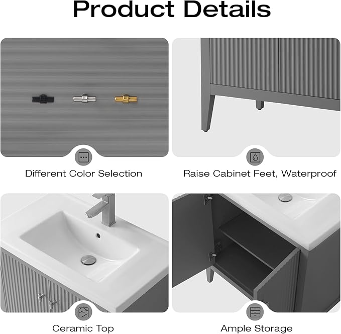 Vanity Art 30 inch Bathroom Vanity with Single Sink & Ceramic Top, Vanity Cabinet with Soft-Closing Door, Solid Wood Frame, Linear Pattern, Cashmere Gray, Golden Brushed Handware VA9130-G-GB