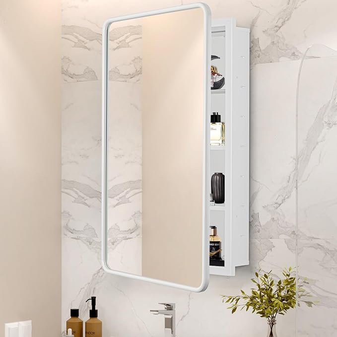 17 x 27 White Bathroom Medicine Cabinet with Mirror Metal Frame Recessed Or Wall Mounted Single Door Storage Medicine Cabinets with Adjustable Shelves Rounded Corner Beveled Mirrors