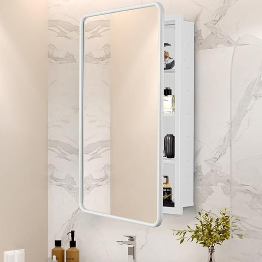 17 x 27 White Bathroom Medicine Cabinet with Mirror Metal Frame Recessed Or Wall Mounted Single Door Storage Medicine Cabinets with Adjustable Shelves Rounded Corner Beveled Mirrors
