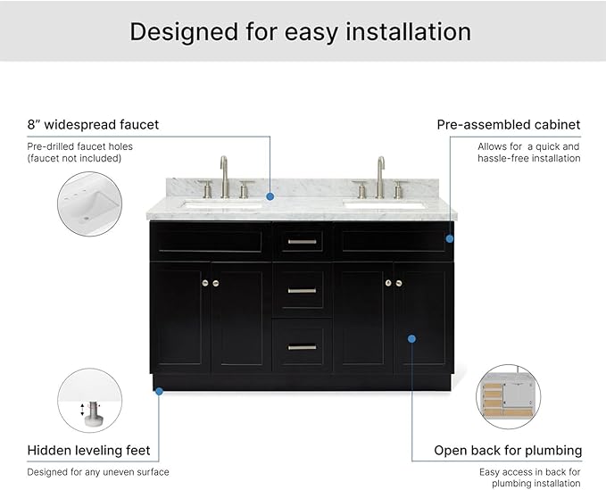 ARIEL Hamlet 60-inch Bathroom Vanity with Sink,Solid Wood, 1.5-inch Italian Carrara Marble Countertop, Double Rectangular Porcelain Sink, 4 Soft Closing Doors, 3 Dovetail Drawers, Black