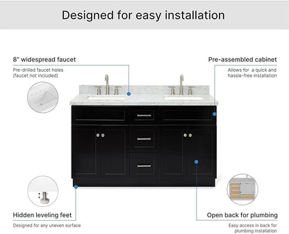ARIEL Hamlet 60-inch Bathroom Vanity with Sink,Solid Wood, 1.5-inch Italian Carrara Marble Countertop, Double Rectangular Porcelain Sink, 4 Soft Closing Doors, 3 Dovetail Drawers, Black