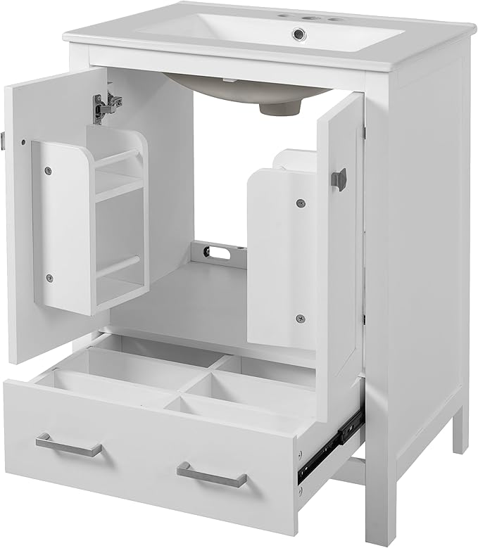 Favfurish 48" Bathroom Vanity with Ceramic Double Sink, Undermount Double Basin Vanity Set w/2 Divided Drawers and 4 Double-Layer Soft Close Doors & Built-in Shelf, Freestanding Storage Cabinet,White