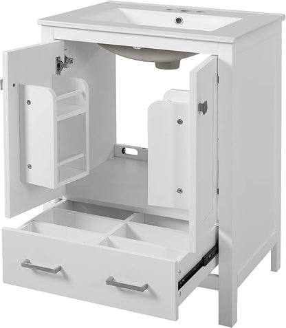 Favfurish 48" Bathroom Vanity with Ceramic Double Sink, Undermount Double Basin Vanity Set w/2 Divided Drawers and 4 Double-Layer Soft Close Doors & Built-in Shelf, Freestanding Storage Cabinet,White