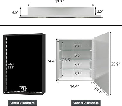 Bathroom Medicine Cabinet with 16x26 Inch Frameless Beveled Edge Mirror, Surface/Recessed Mount Vanity Storage Cabinet for Bathroom