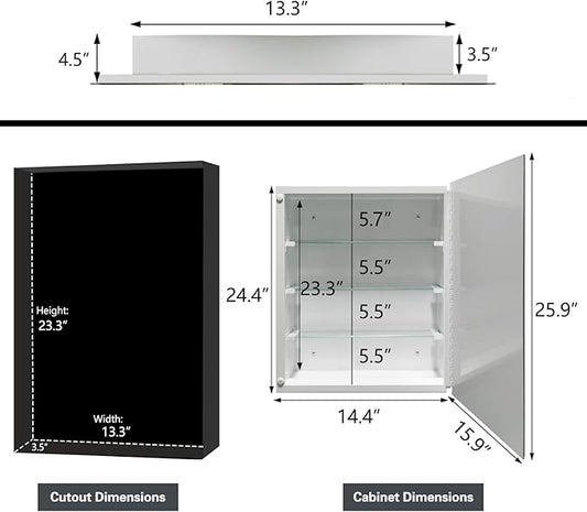 Bathroom Medicine Cabinet with 16x26 Inch Frameless Beveled Edge Mirror, Surface/Recessed Mount Vanity Storage Cabinet for Bathroom