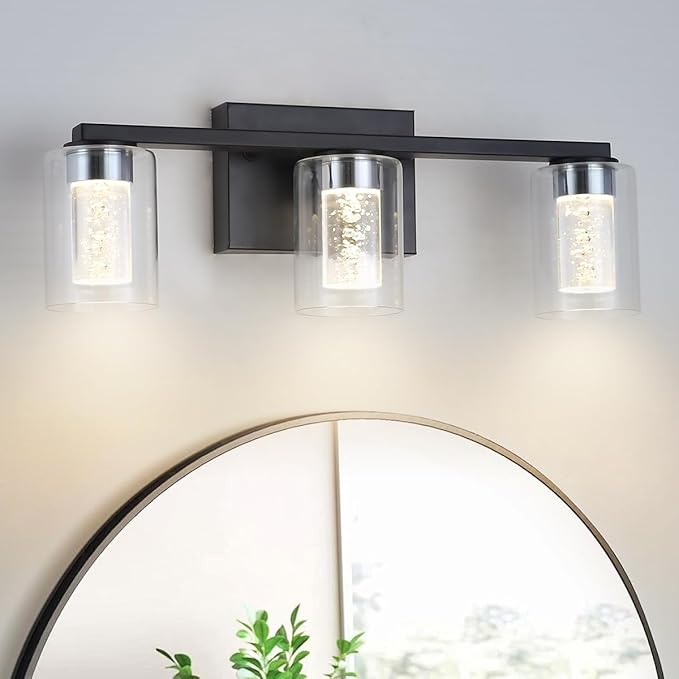 3-Light Bathroom Light Fixtures, Black Modern Vanity Lights with Clear Glass Shade, Bathroom Wall Lamp with Crystal Bubble for Mirror Kitchen Living Room Hallway