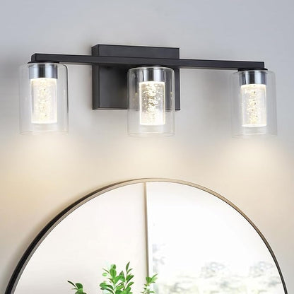 3-Light Bathroom Light Fixtures, Black Modern Vanity Lights with Clear Glass Shade, Bathroom Wall Lamp with Crystal Bubble for Mirror Kitchen Living Room Hallway