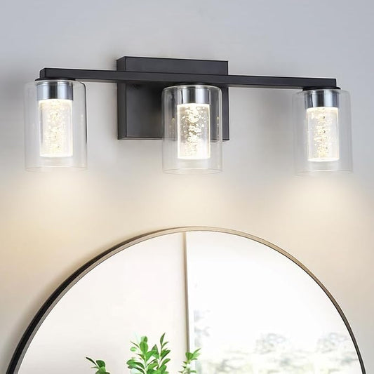 3-Light Bathroom Light Fixtures, Black Modern Vanity Lights with Clear Glass Shade, Bathroom Wall Lamp with Crystal Bubble for Mirror Kitchen Living Room Hallway