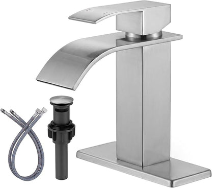 Waterfall Bathroom Faucet Brushed Nickel: ARCORA Single Hole Bathroom Sink Faucet Mixer Tap with Supply Lines and Pop Up Drain