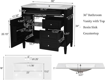 36'' Bathroom Vanity with Top Single Resin Sink Countertop, Solid Wood Frame Modern Storage Cabinet, Tip-Out Drawer, Soft Closing Doors, Black
