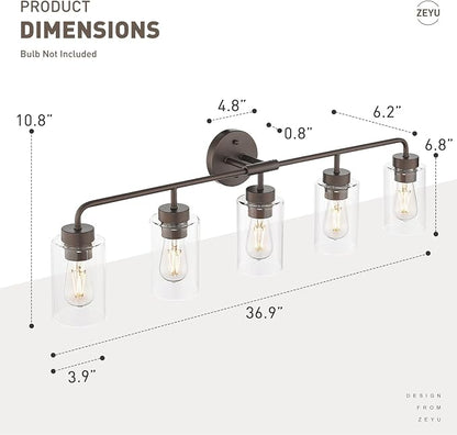 zeyu Oil Rubbed Bronze 36.9-Inch 5-Light Bathroom Wall Light, ZS62B-5W ORB | Oil Rubbed Bronze Vanity Wall Light, 36.9-Inch 5-Light Design, Clear Glass Shades, Hardwired, Up/Down Mount, ETL Listed
