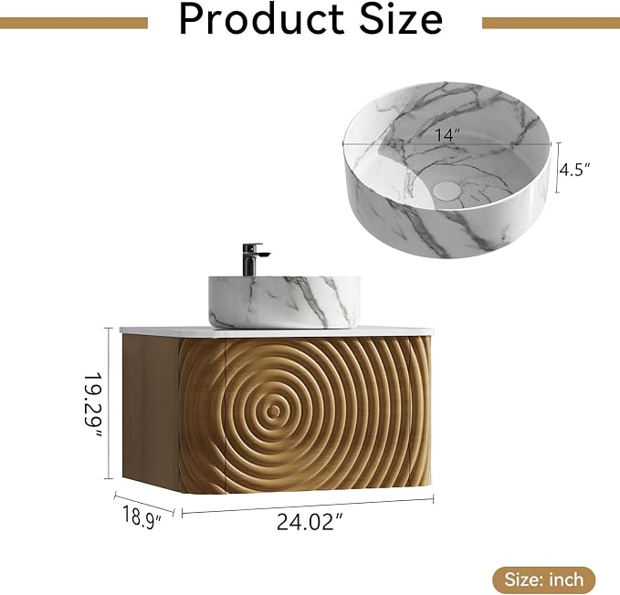 24" Floating Bathroom Vanity with Sink, Mid-Century Wall Mounted Bathroom Vanity Cabinet with Waved Decor, Marble Ceramic Basin, Sintered Stone Top, Soft Close Storage Drawer, Natural