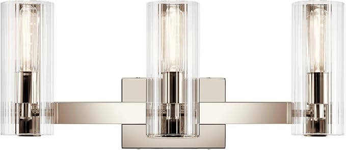 Kichler Jemsa 3 Light Vanity, Modern Light with Clear Fluted Glass in Polished Nickel for Bathroom or Powder Room (9.75" x 22.75"), 55168PN
