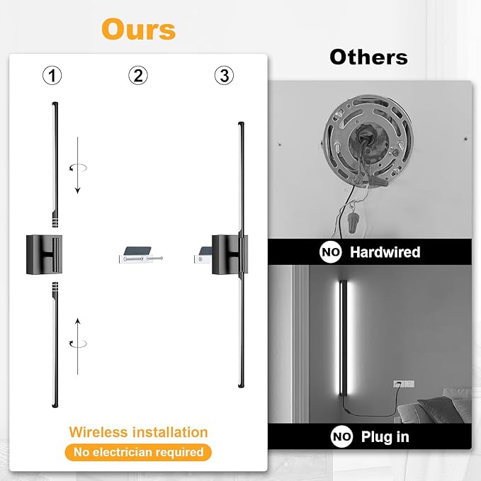 Wall Sconces Set of Two with Remote Control, 39.4 in Dimmable Black Battery Operated Wall Lights, 350° Ratation 3000K-6000K LED Wireless Rechargeable Sconce for Bathroom, Living Room, Bedroom