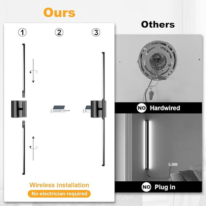 Battery Operated Wall Sconce Set of Two with Remote Control, 3000K-6000K Dimmable Black Wall Lights, Timable LED Wireless Wall Sconces, 350° Ratate for Bathroom, Living Room, Hallway 29.1 Inch