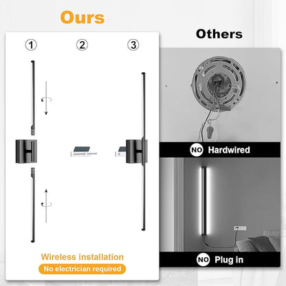 Battery Operated Wall Sconce Set of Two with Remote Control, 3000K-6000K Dimmable Gold Wall Lights, Timable LED Wireless Wall Sconces, 350° Ratate for Bathroom, Living Room, Hallway 39.4 Inch