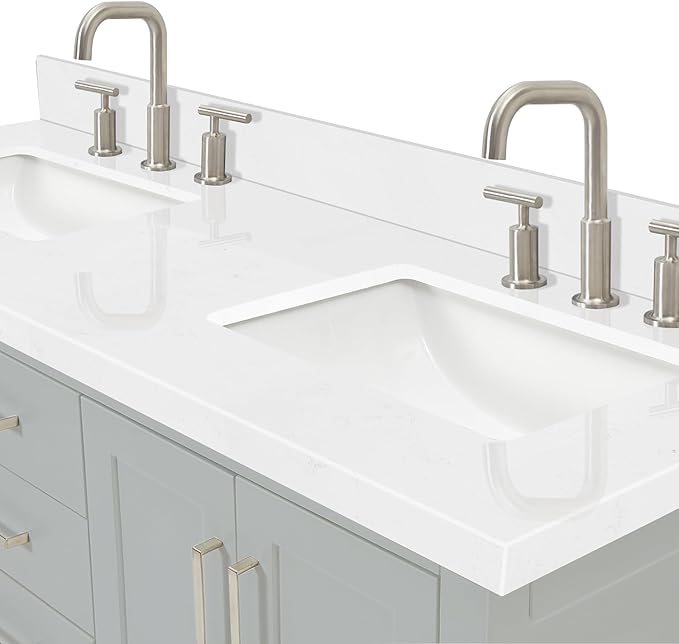 ARIEL Magnolia 60-inch Bathroom Vanity with Sink,Solid Wood, 1.5-inch Carrara White Quartz Countertop & Backsplash, Double Rectangular Porcelain Sink, 4 Soft Closing Doors, 3 Dovetail Drawers, Grey