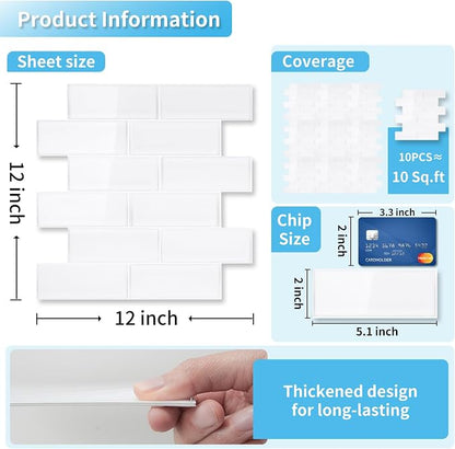 Art3d Subway Design Wall Tile, Peel and Stick Backsplash, 10-Pack, White | 12 x 12 Inch, Water Resistant, Durable, Easy to Installation, Coastal Style, for Modern Home Decor, Kitchen, Home Improvement