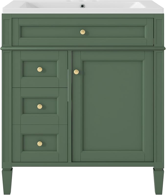 Merax 30 Inch Bathroom Vanity with Sink Set, Modern Bathroom Vanity Storage Cabinet with Matching Mirror Medicine Cabinet, Solid Wood Frame，Painted Finish, 2 Drawers and 1 Tip-Out Drawer, Green
