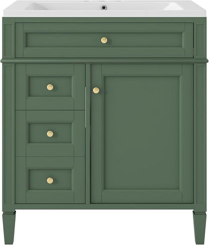 Merax 30 Inch Bathroom Vanity with Sink Set, Modern Bathroom Vanity Storage Cabinet with Matching Mirror Medicine Cabinet, Solid Wood Frame，Painted Finish, 2 Drawers and 1 Tip-Out Drawer, Green