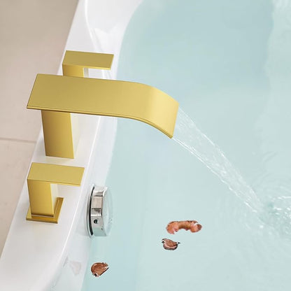 RUMOSE Roman Bathtub Faucet Set Waterfall Tub Faucets Brushed Gold | High Flow Widespread 6-16 Inch 3 Holes Deck Mount Tub Filler 2 Handles Bathtub Filler Soaking Bath Faucet