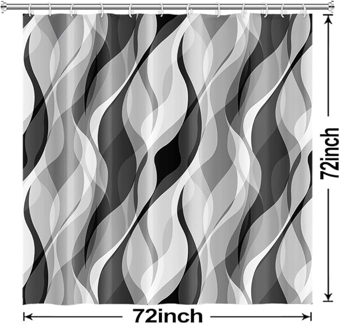Grey Shower Curtain, Modern Abstract Black and Grey Striped Shower Curtain Set for Bathroom Waterproof White Gray Shower Curtain with Hooks, 72x72 Inch