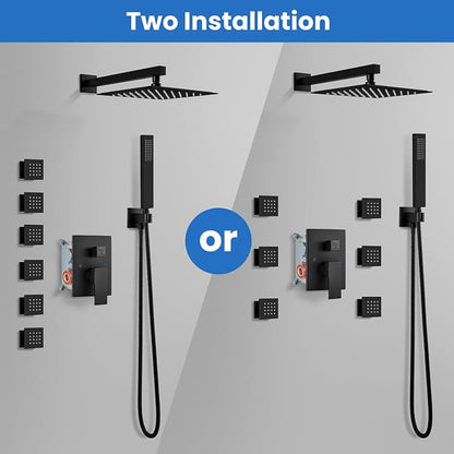 gotonovo Rainfall Shower System with Full Body Jets 6pcs Matte Black | 12’’ Rainfall Shower Head with Handheld Spray Combo,Wall Mount,Rough-in Valve and Trim Kit,Brass Body Message Jets,All Metal