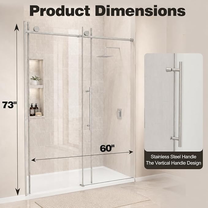 60" W x 73" H Single Sliding Glass Shower Door, Chrome Finish | Frameless Water Repellent Bypasss Walk-in Bathroom Door, 5/16" (8mm) SGCC Tempered with Explosion-Proof Film, Nano Coating