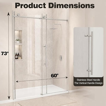60" W x 73" H Single Sliding Glass Shower Door, Chrome Finish | Frameless Water Repellent Bypasss Walk-in Bathroom Door, 5/16" (8mm) SGCC Tempered with Explosion-Proof Film, Nano Coating