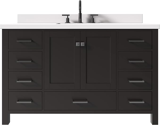 ARIEL Cambridge 54-inch Bathroom Vanity with Sink,Solid Wood, 1.5-inch Pure White Quartz Countertop, Single Rectangular Porcelain Sink, 2 Soft Closing Doors, 9 Dovetail Drawers, Espresso