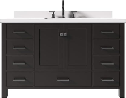 ARIEL Cambridge 54-inch Bathroom Vanity with Sink,Solid Wood, 1.5-inch Pure White Quartz Countertop, Single Rectangular Porcelain Sink, 2 Soft Closing Doors, 9 Dovetail Drawers, Espresso