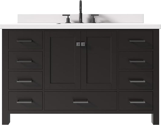 ARIEL Cambridge 54-inch Bathroom Vanity with Sink,Solid Wood, 1.5-inch Pure White Quartz Countertop, Single Rectangular Porcelain Sink, 2 Soft Closing Doors, 9 Dovetail Drawers, Espresso