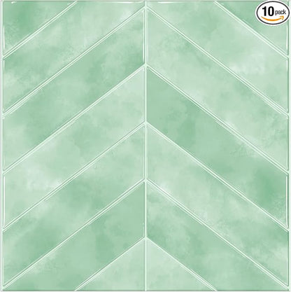 MORCART 10PCS 11.8"x11.8" Herringbone Peel and Stick Backsplash | Light Green, 3D Adhesive Waterproof Wall Tiles for Kitchen, Bathroom, Living Room, Laundry Room, Subway Tiles