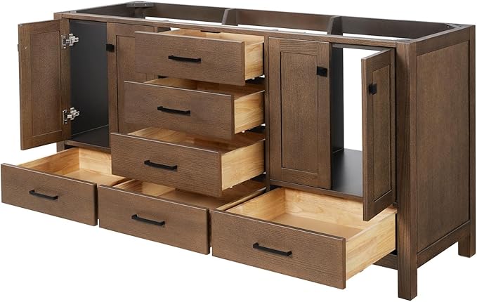 ARIEL Cambridge 66-inch Bathroom Vanity Base Cabinet,Solid Wood, 4 Soft Closing Doors, 6 Dovetail Drawers, Brown Oak