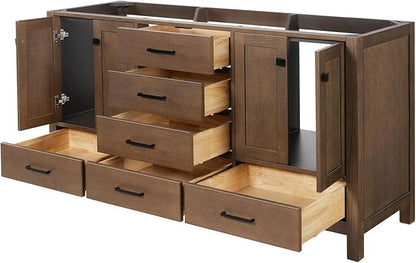 ARIEL Cambridge 66-inch Bathroom Vanity Base Cabinet,Solid Wood, 4 Soft Closing Doors, 6 Dovetail Drawers, Brown Oak