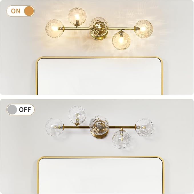 5 Lights Bathroom Vanity Light,Brushed Gold Globe Bathroom Light Fixtures | Hammered Clear Glass Wall Sconce Lighting,Mid Century Modern Brass Bubble Glass Bathroom Vanity Lights over Mirror,G9 Base