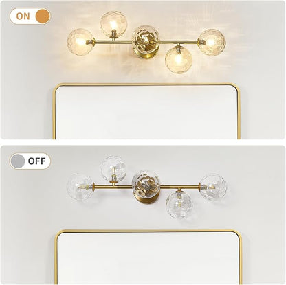5 Lights Bathroom Vanity Light,Brushed Gold Globe Bathroom Light Fixtures | Hammered Clear Glass Wall Sconce Lighting,Mid Century Modern Brass Bubble Glass Bathroom Vanity Lights over Mirror,G9 Base