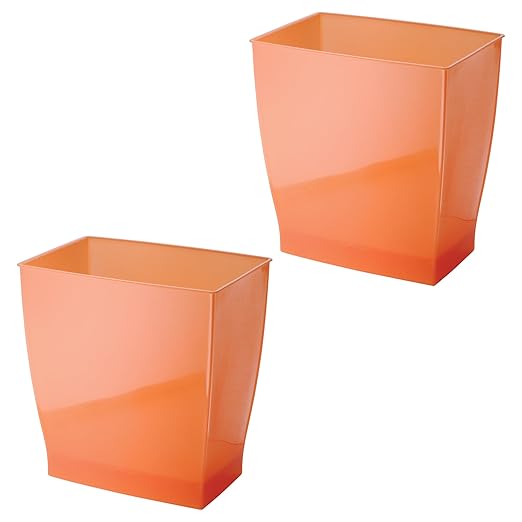 iDesign Small Plastic Bathroom Trash Can, Slim Rectangle, 2-Pack, Orange | Bedroom, Office, Dorm