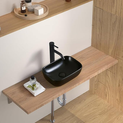 Black Vessel Sink 14.5"x10" Small Bathroom Sink Above Counter | 14 Inch Small Vessel Sink Black Ceramic Porcelain Bowl for Vanity Wash Basin Countertop Design