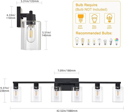 6-Light Bathroom Vanity Light Black Vanity Lights for Bathroom Light Fixtures Matte Black 6 Light Fixtures with Clear Glass Shades for Bath Over Mirror