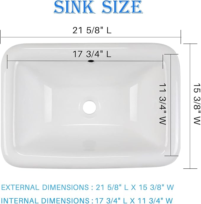 Enbol 22" x 15" Drop in Bathroom Sink White Rectangle Ceramic Sink Semi Recessed Vessel Sink Bathroom with Overflow O2215