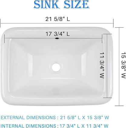 Enbol 22" x 15" Drop in Bathroom Sink White Rectangle Ceramic Sink Semi Recessed Vessel Sink Bathroom with Overflow O2215