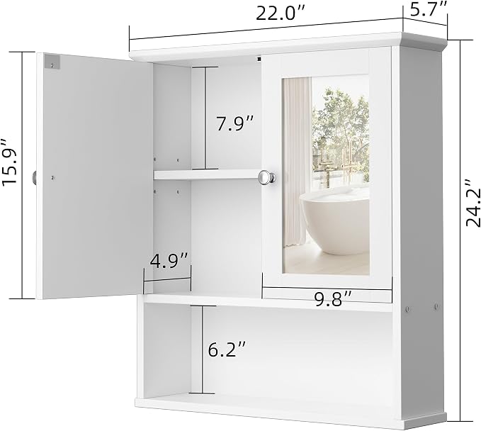 Shintenchi Bathroom Medicine Cabinet with Mirror, Wall Mounted, White | Over The Toilet Cupboard, Adjustable Shelf, Open & Concealed Storage, 2 Magnet Doors, Space-Saving, Easy to Clean