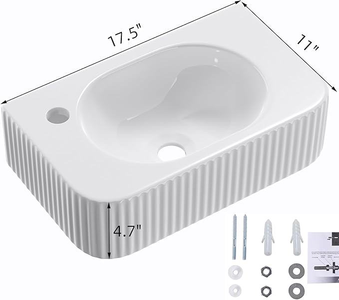 Wall Hung Bathroom Sink, QISHKA 17.5" X 11" Rectangular Floating Ceramic Wash Hand Basin White Wall Mount Vessel Sink for Small Bathroom and Small Cloakroom