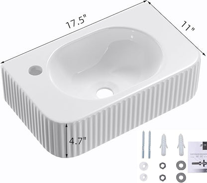 Wall Hung Bathroom Sink, QISHKA 17.5" X 11" Rectangular Floating Ceramic Wash Hand Basin White Wall Mount Vessel Sink for Small Bathroom and Small Cloakroom