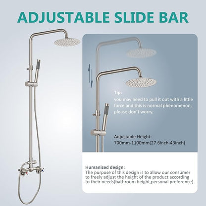 Aolemi Outdoor Shower Kit,8 Inch Rain Head and Handheld,Brushed Nickel | 2-Handle Hot and Cold Control, Adjustable Height, 6-Inch Center Valve, 59-Inch Hose, Winter Drainage Outdoor Shower Fixtures